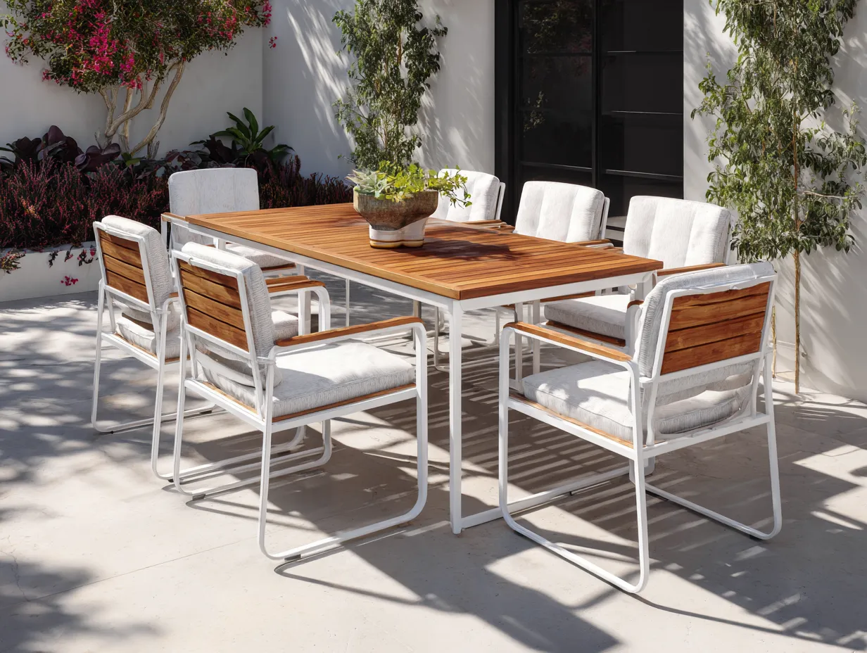 Salon de jardin repas extérieur en aluminium et bois 200x100x75 cm - blanc - bois naturel - ensemble repas design moderne - adapté à l'extérieur-Oakmypad