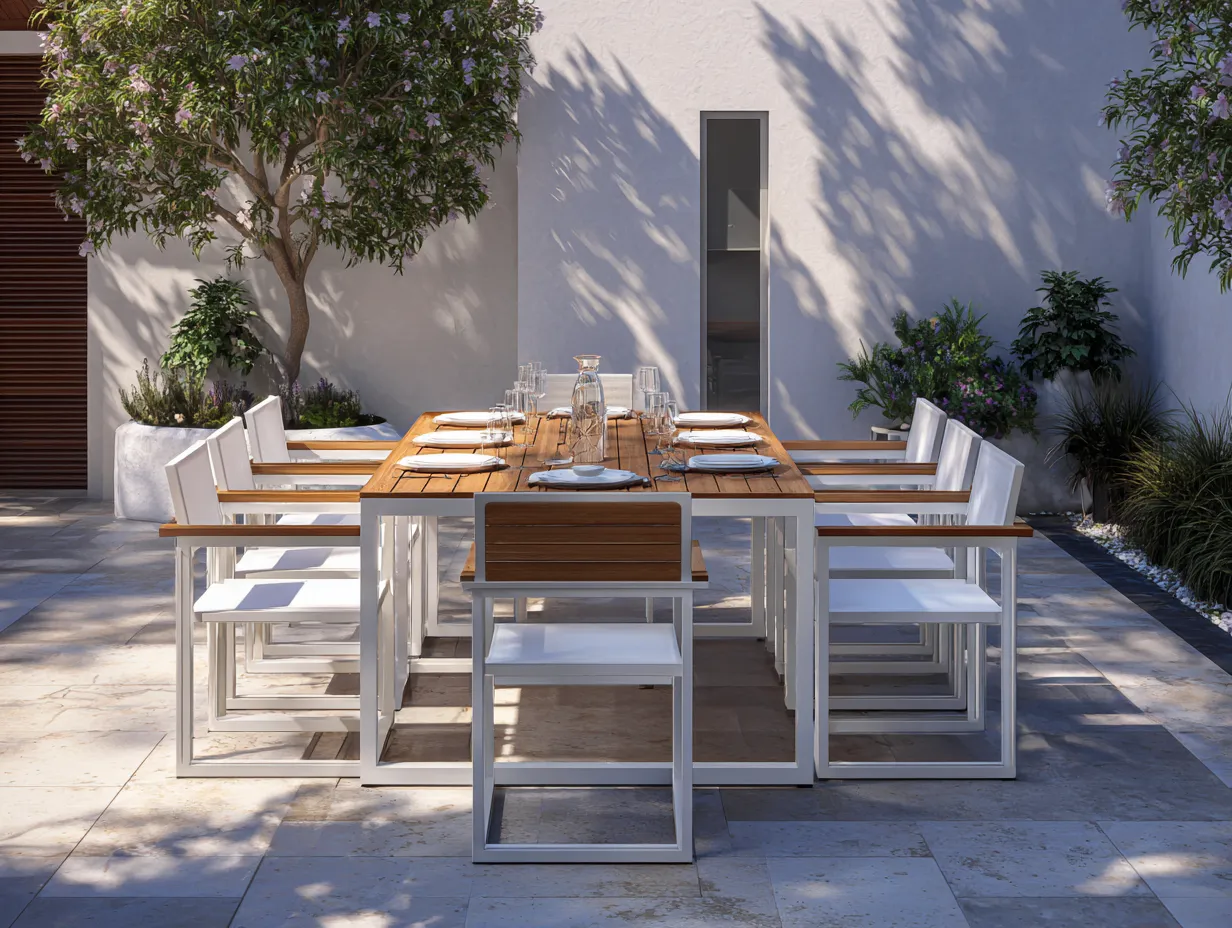Salon de jardin repas extérieur en aluminium et bois 200x100x75 cm - blanc - bois naturel - adapté à l'extérieur - ensemble repas design moderne-Oakmypad