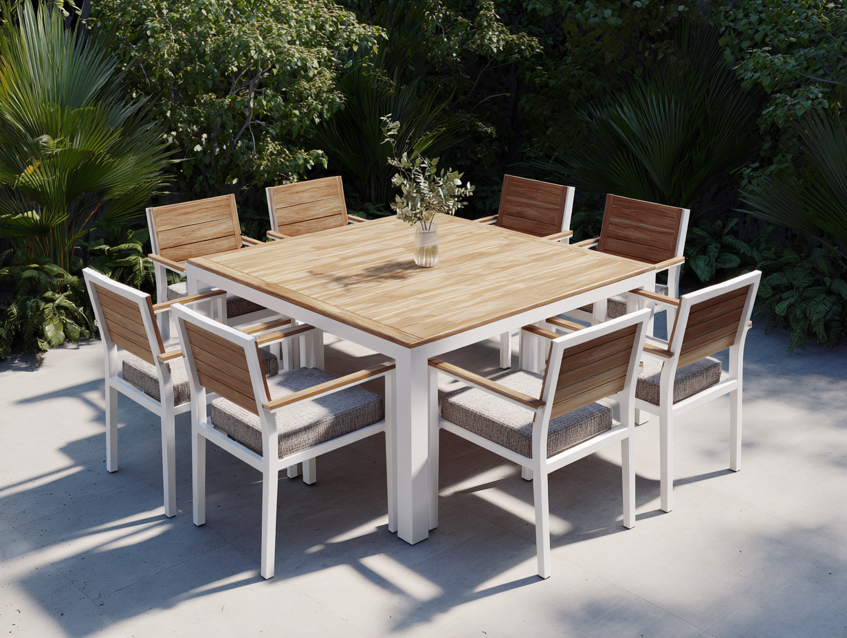 Salon de jardin repas en aluminium et bois 180x180x75 cm - blanc - bois naturel - ensemble repas extérieur design contemporain-Oakmypad