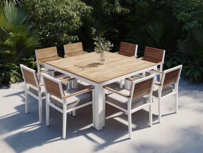 Salon de jardin repas en aluminium et bois 180x180x75 cm - blanc - bois naturel - ensemble repas extérieur design contemporain-Oakmypad