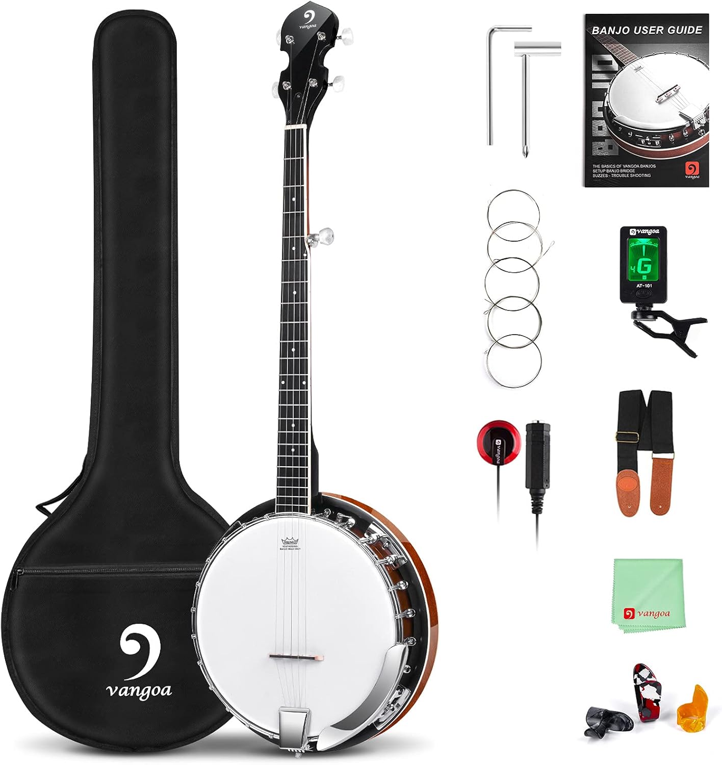Vangoa Banjo gaucher à 5 cordes en acajou avec résonateur avec manuel de démarrage et kit de démarrage-Oakmypad