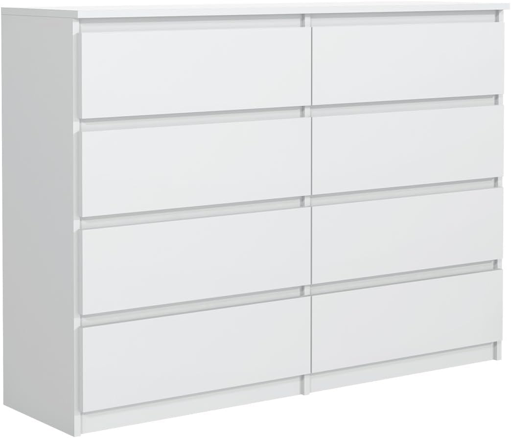 MebLocker Commode 8 Tiroirs Blanc 120 cm - Design Minimaliste - 120 x 39 x 78,5 cm - Meuble de Rangement Spacieux pour Chambre, Salon ou Bureau-Oakmypad