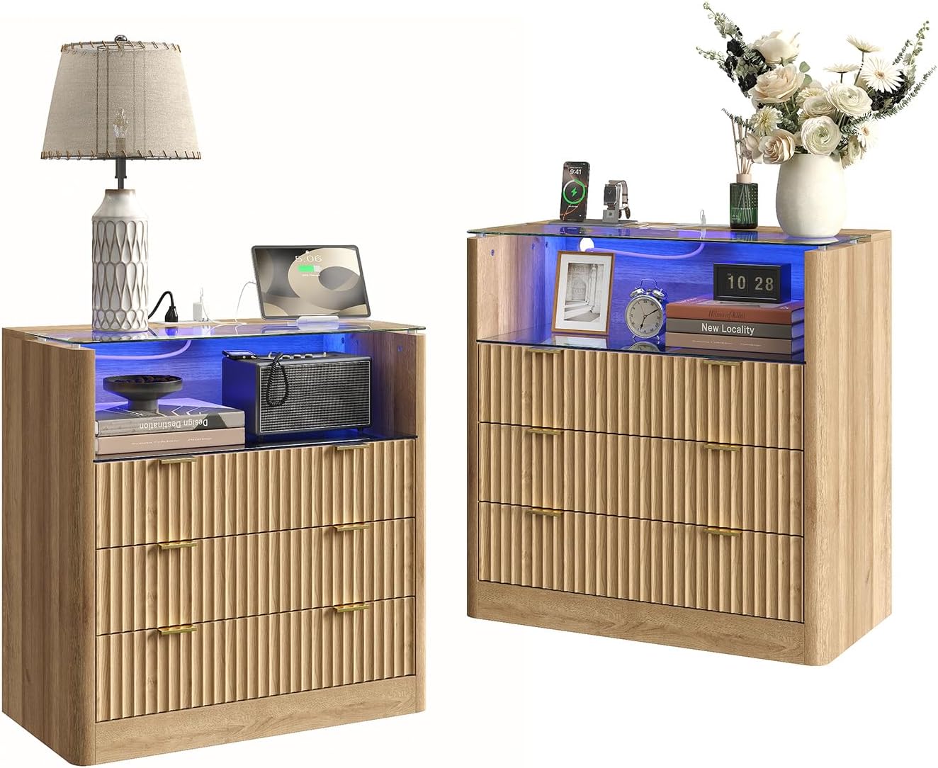 FUSOU Ensemble de Tables de Chevet 80 cm avec éclairage LED, Station de Recharge, 3 tiroirs, Plateau en Verre et poignées en métal pour Chambre à Coucher, Salon, Bureau, chêne-Oakmypad