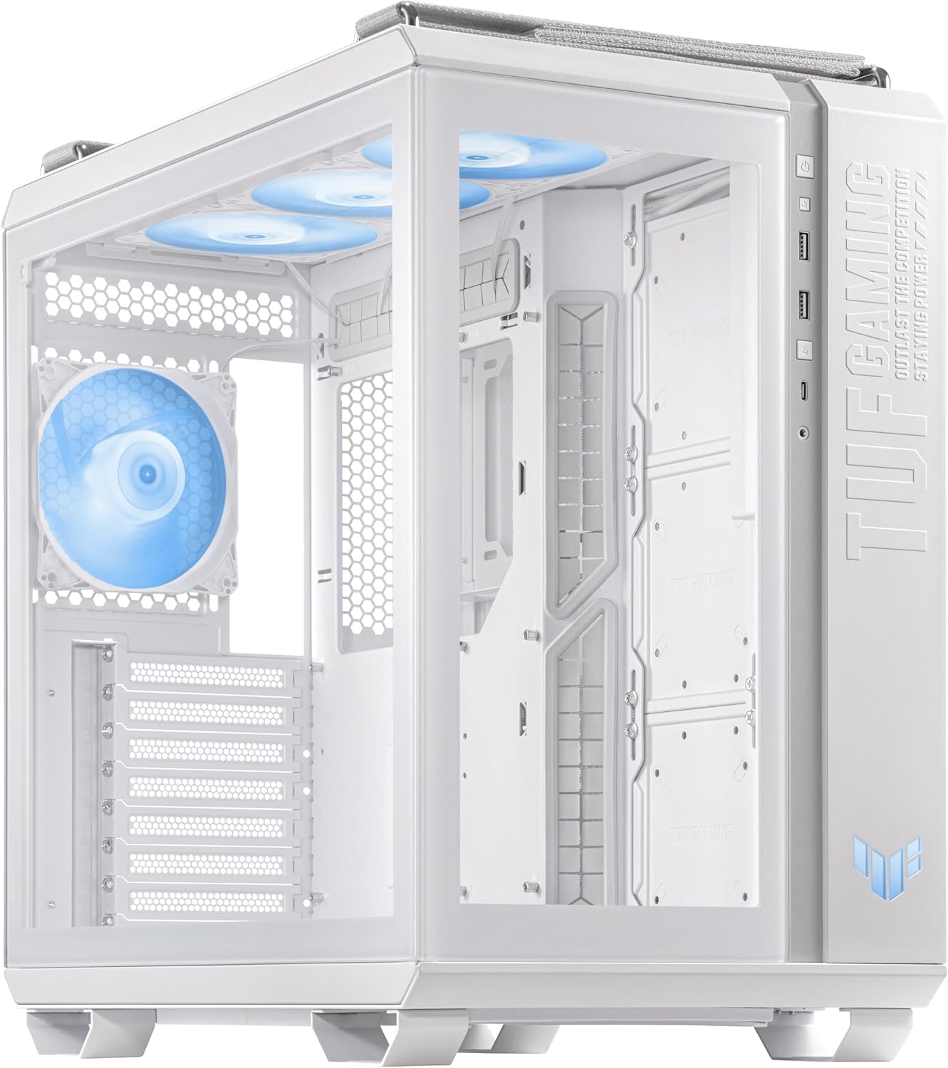 ASUS TUF Gaming GT502 Plus Blanc - Boîtier Tour avec Panneau latéral et façade en Verre trempé et 4 Ventilateurs 120 mm-Oakmypad