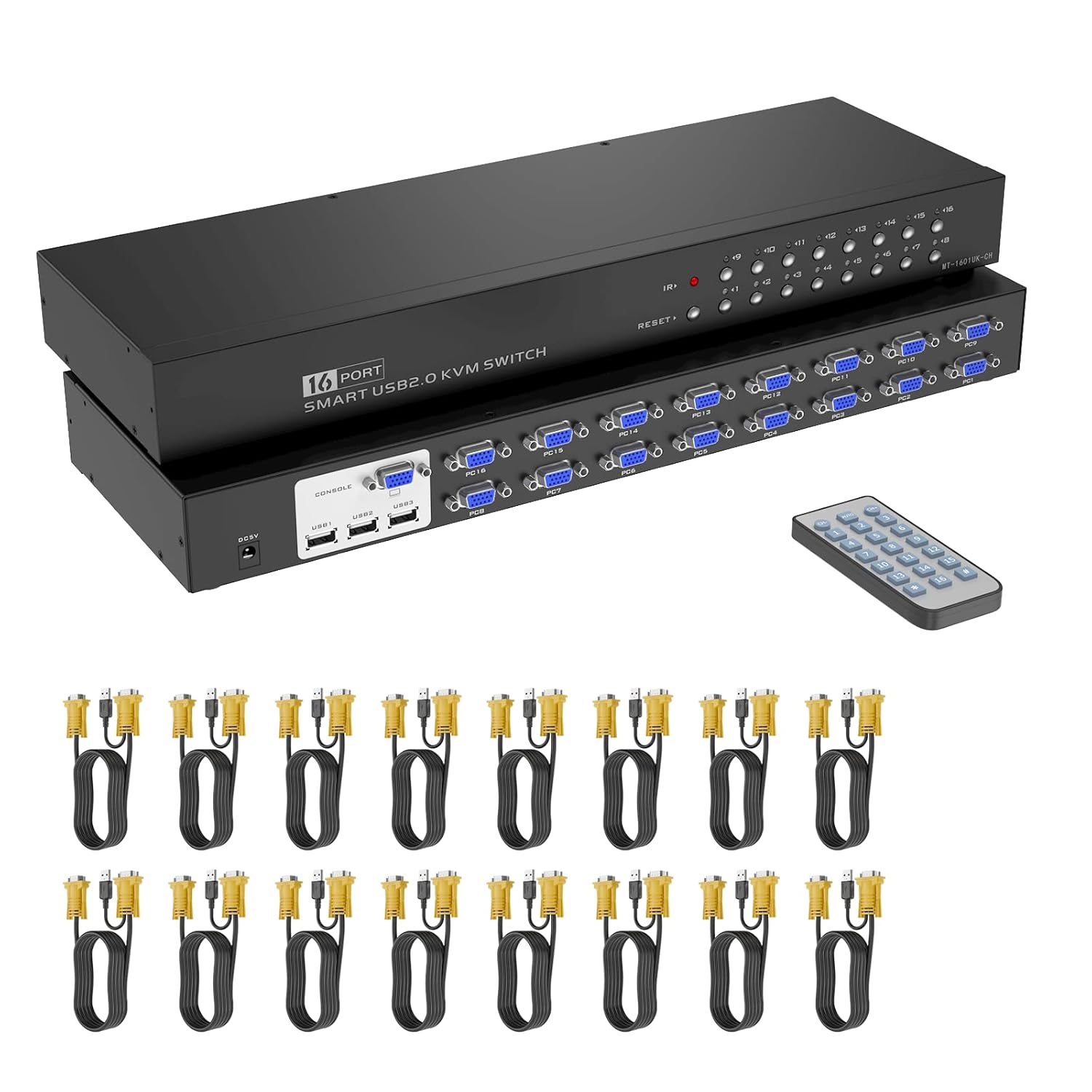 Commutateur KVM 16 ports, Yinker Rack Console KVM VGA 16 x 1 avec 16 câbles Télécommande infrarouge et support auriculaire HD 1U Rack Cabinet-Oakmypad