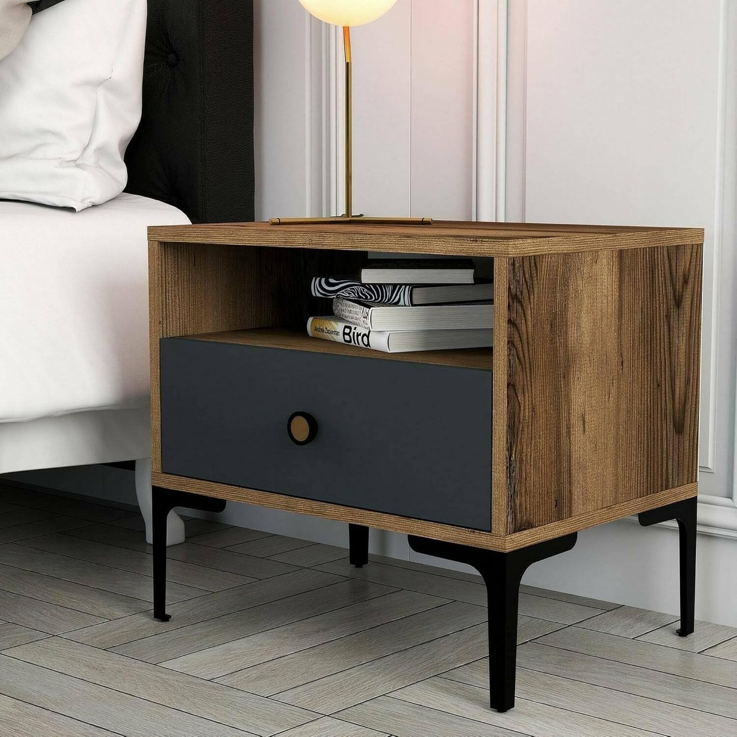 Dmora - Chevet Seraph, Commode Basse, Table de Nuit, Étagère de Chevet, 56x40h51 cm, Noyer et Anthracite-Oakmypad