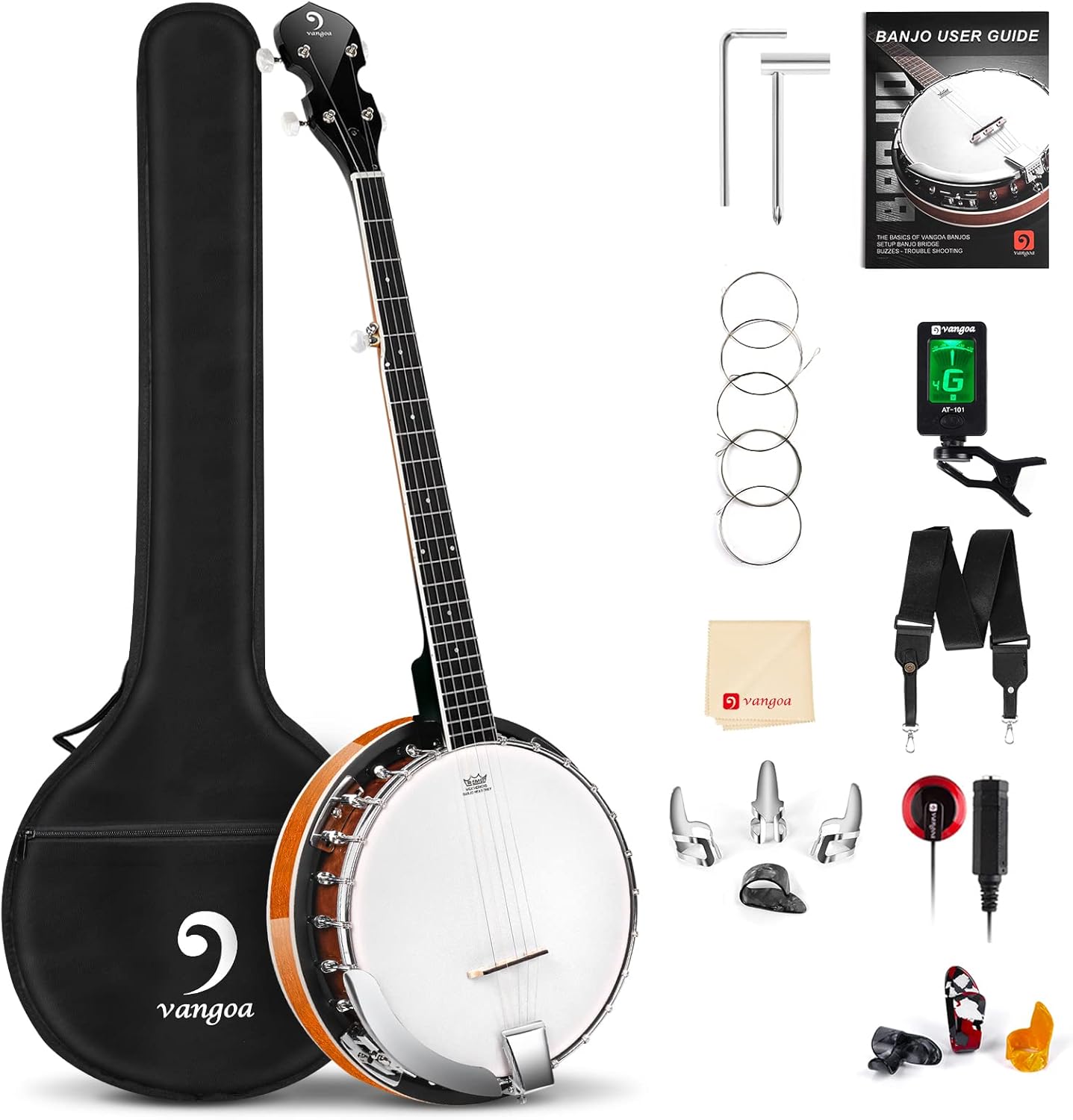 Vangoa Kit de banjo pour débutant 5 cordes avec tête Remo, résonateur en acajou, dos fermé, sac de qualité supérieure pour adultes, adolescents, débutants-Oakmypad