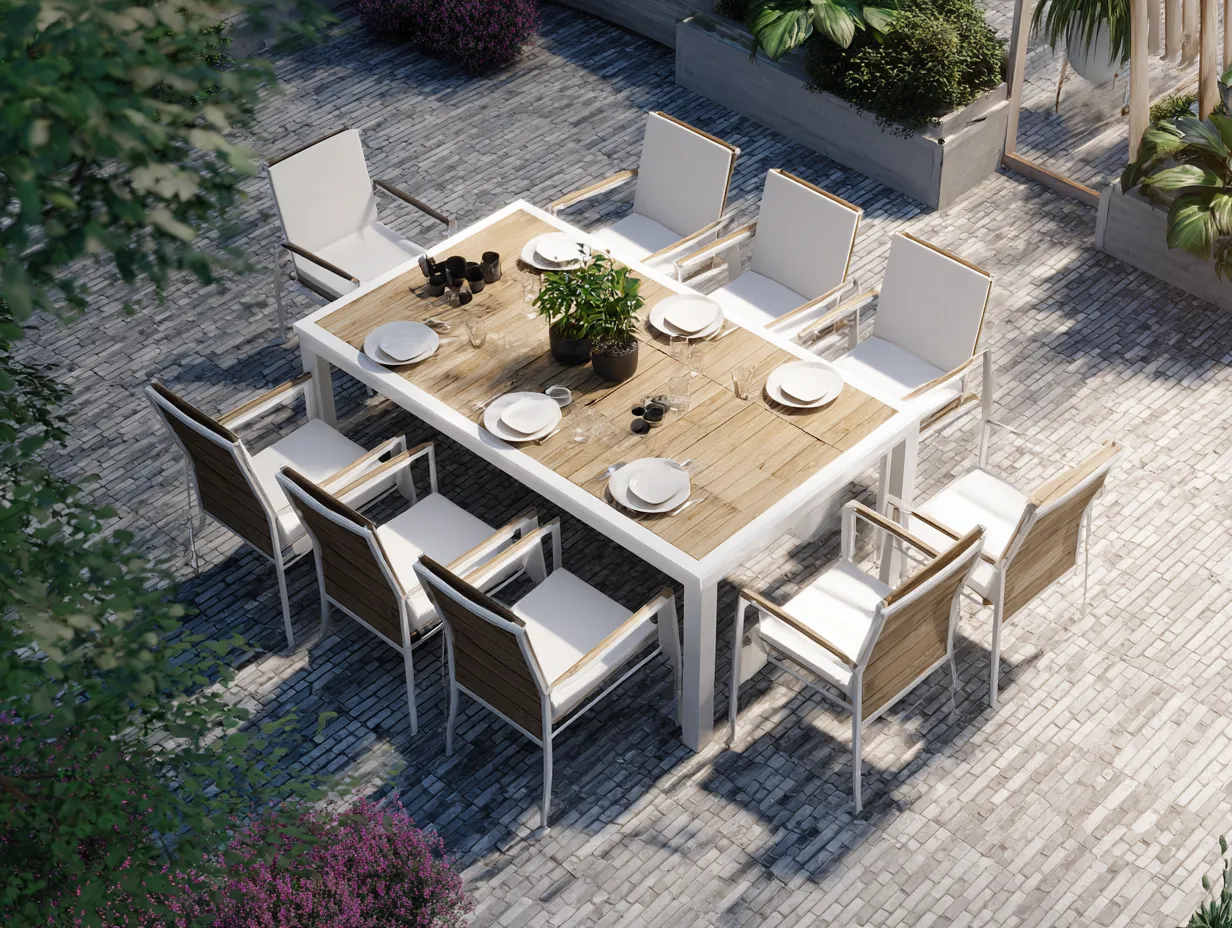 Salon de jardin repas extérieur en aluminium et bois 200x100x75 cm - blanc - bois naturel - ensemble repas design moderne-Oakmypad