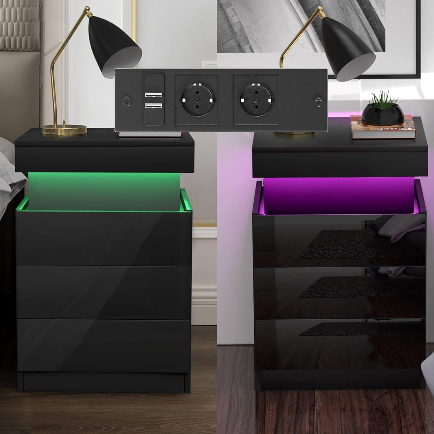 Table de chevet lot de 2 Table de Nuit Noir avec Station de Charge Bande LED Multicolore Réglable, 3 Tiroirs et Armoires Coulissantes Cachées, 40x45x67cm Table d'Appoint pour Chambre à Coucher, Salon-Oakmypad