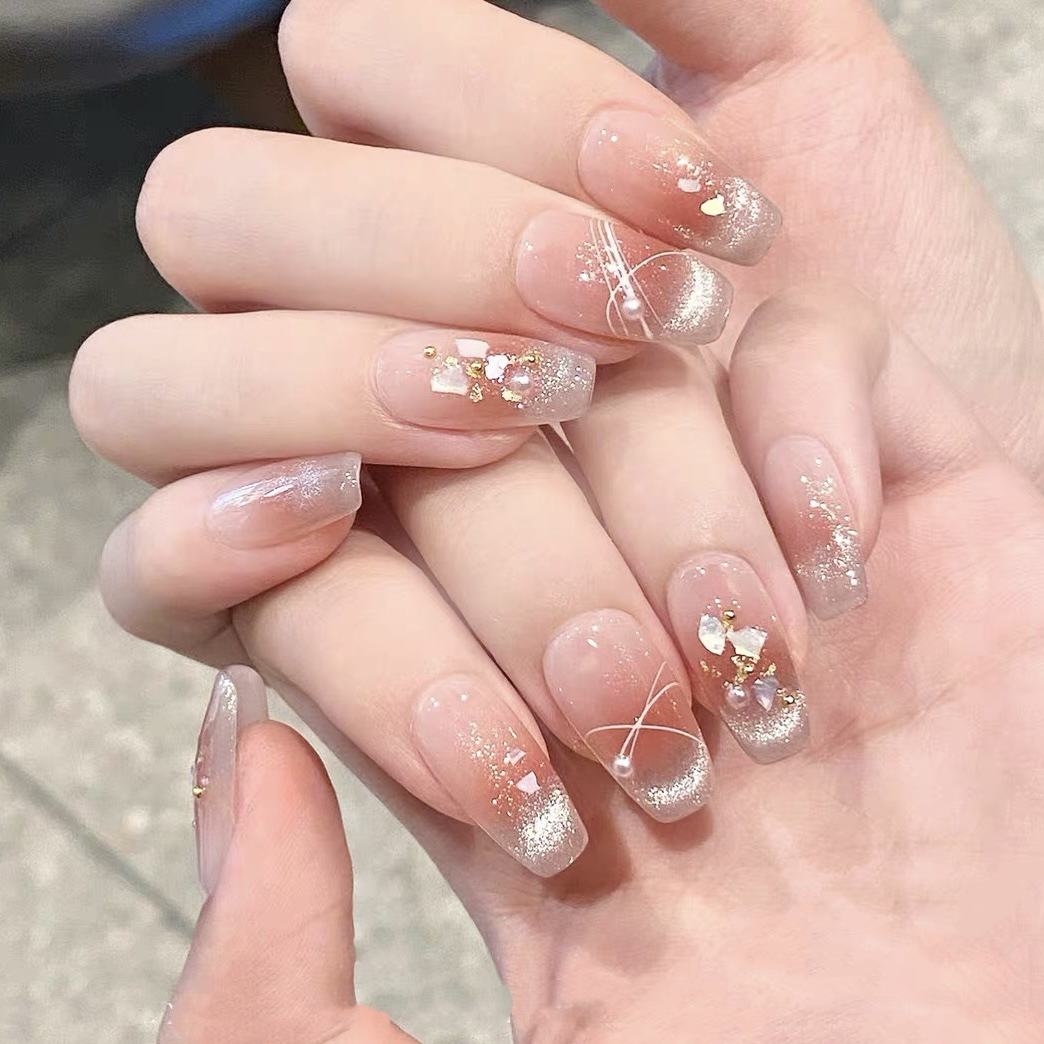 Icy Jade Cat-Eye: Pearl & Crystal Delicate Nails