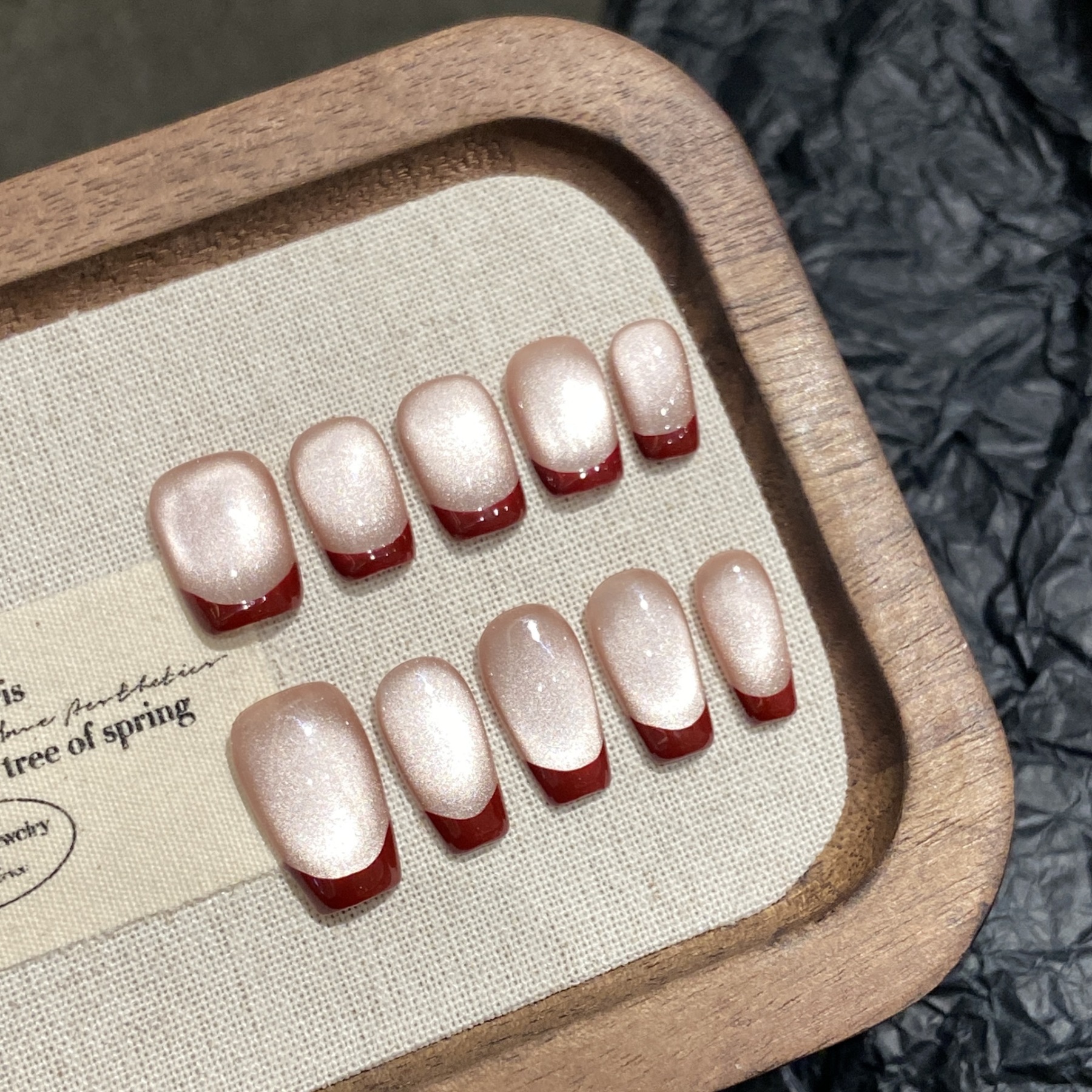 Crimson Glow: Red-Edge French Cat-Eye Nails