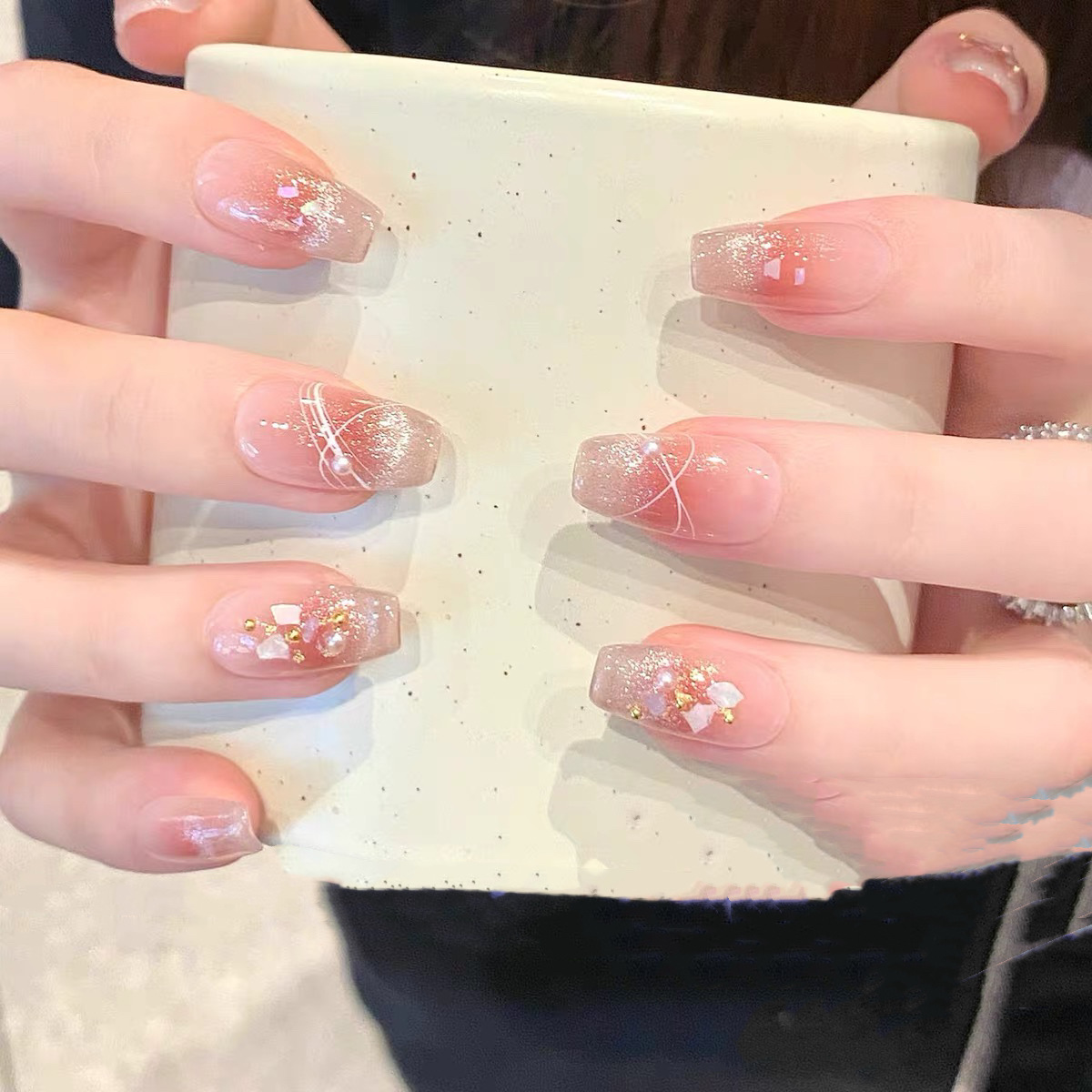 Icy Jade Cat-Eye: Pearl & Crystal Delicate Nails