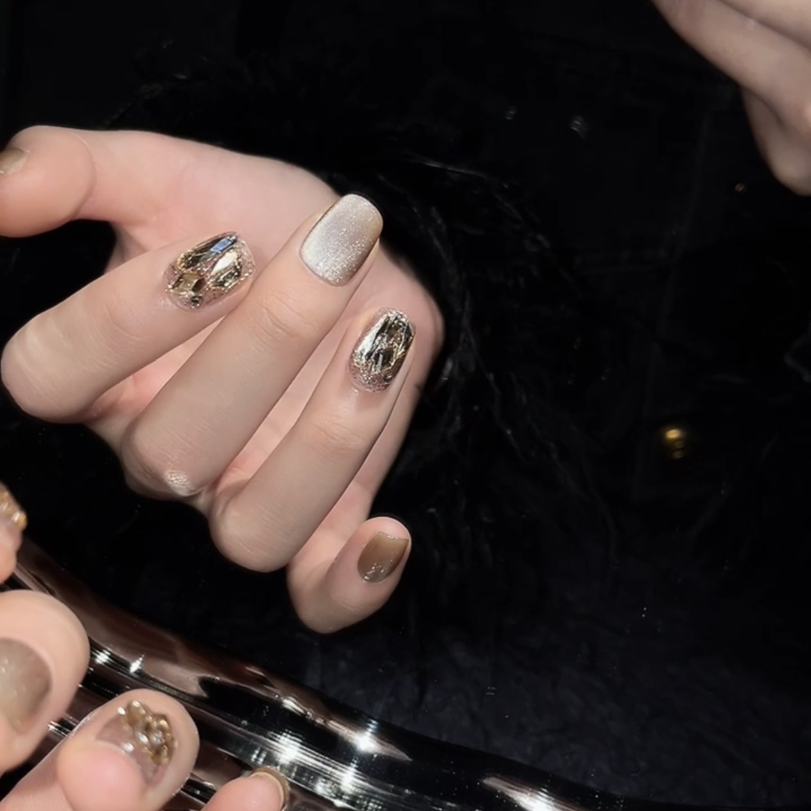 Midnight Gold: 3D Crystal & Cat-Eye Nail Art