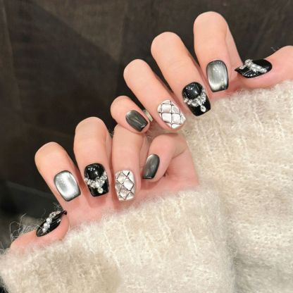 Midnight Brocade: Black & White Grid Crystal Nail Art