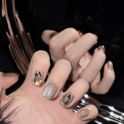 Midnight Gold: 3D Crystal & Cat-Eye Nail Art