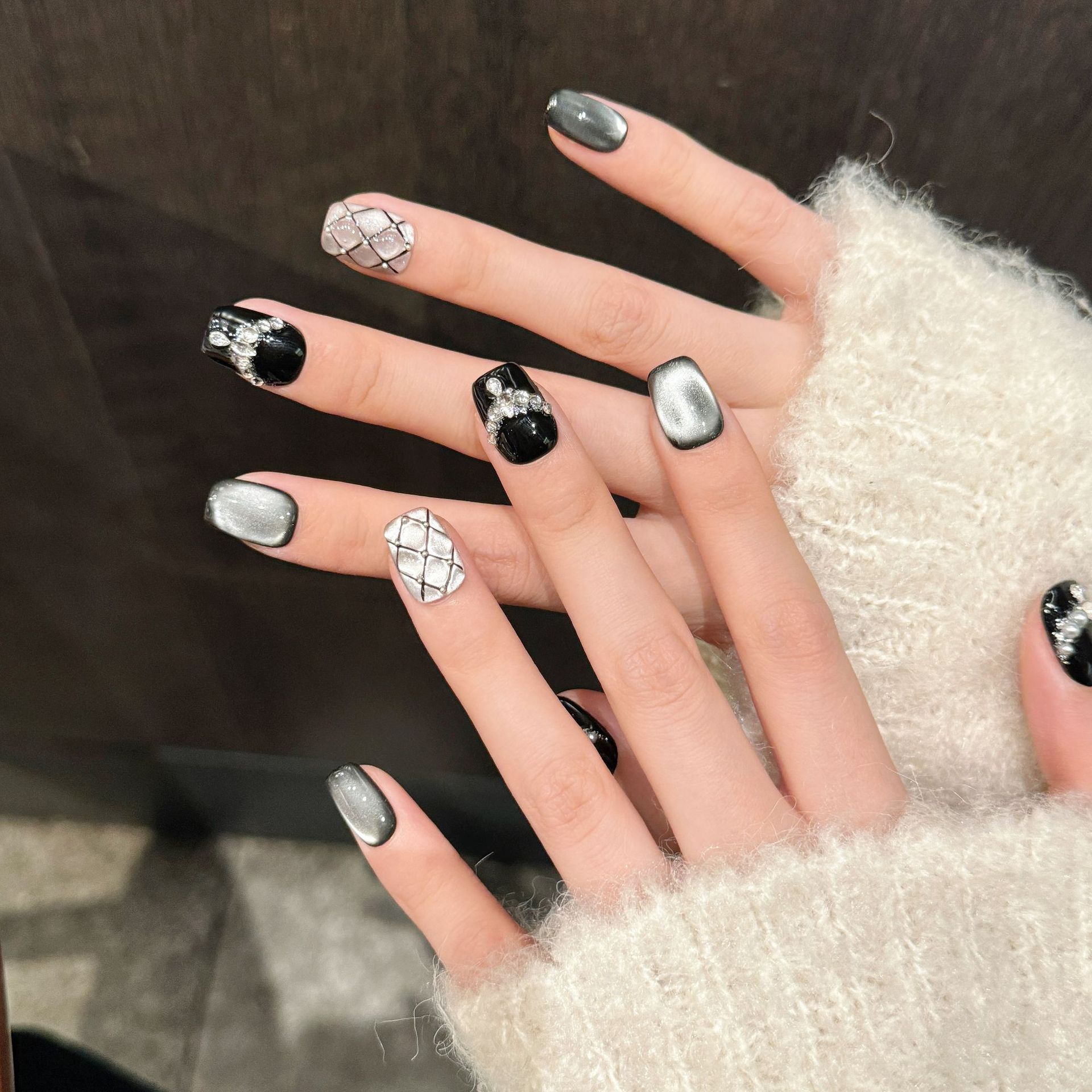 Midnight Brocade: Black & White Grid Crystal Nail Art