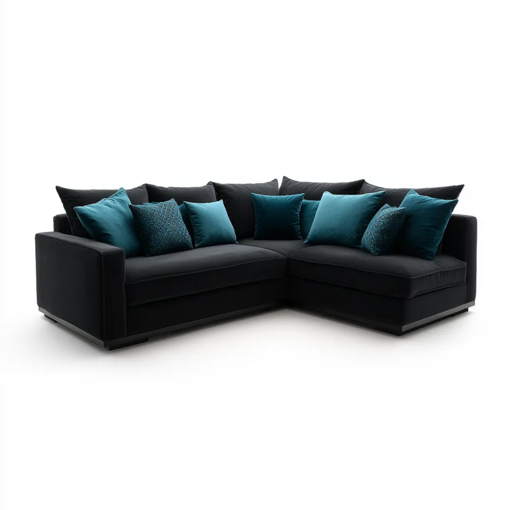 Divano angolare in tessuto 280x200x90 cm - Nero/Blu Petrolio - Design moderno