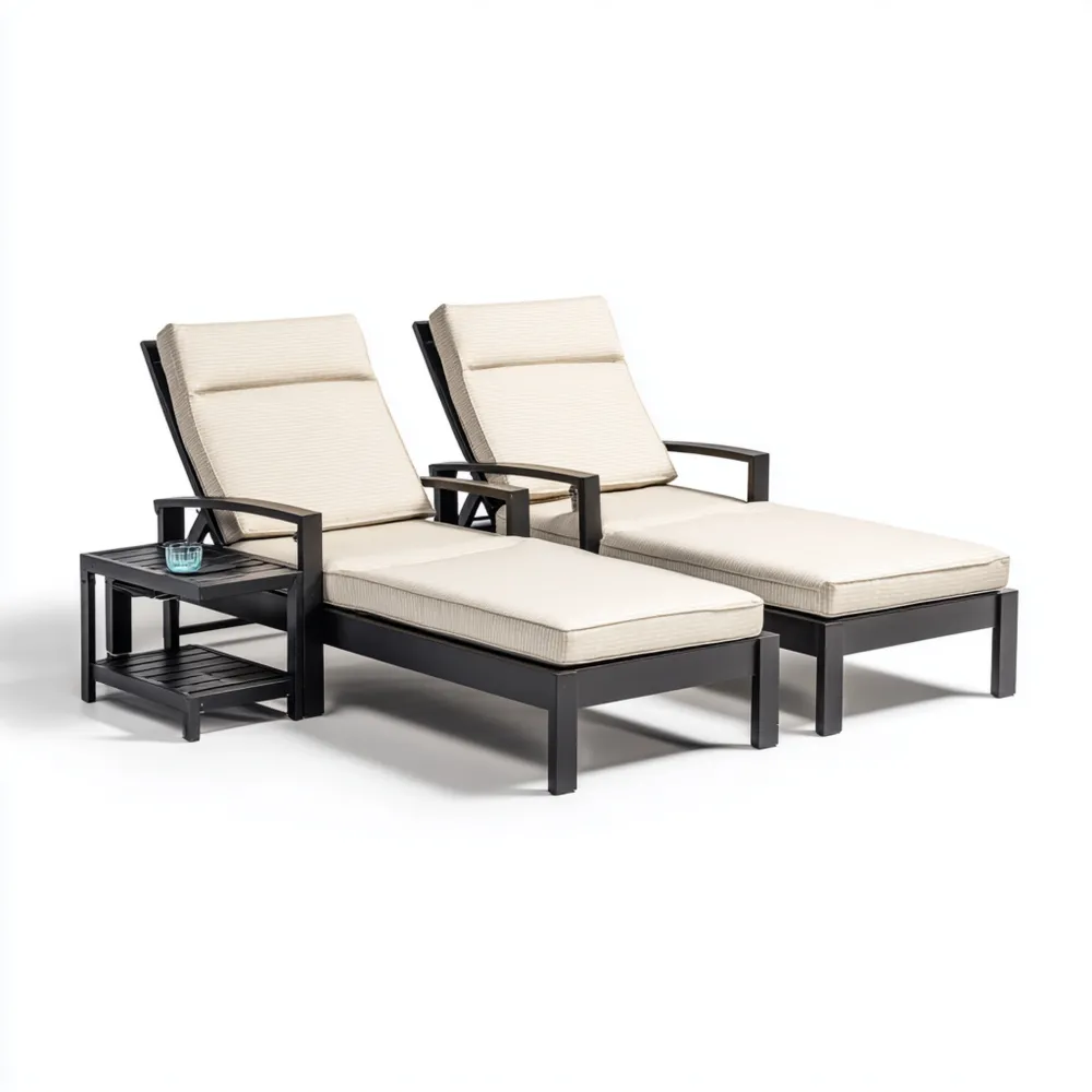 Lettino prendisole doppio in metallo 200x75x40 cm con tavolino 40x40x40 cm – Crema/Nero – Design moderno