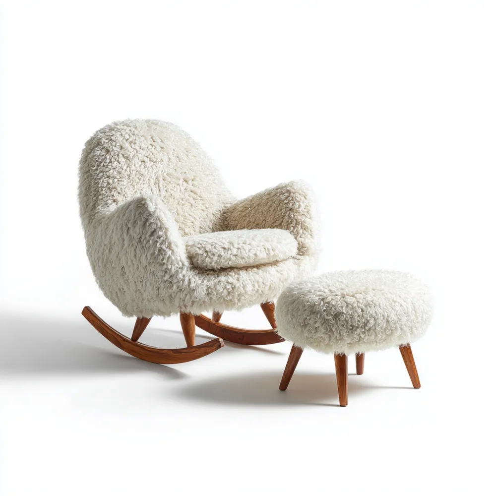 Sedia a dondolo in pelliccia sintetica 85x70x80 cm con poggiapiedi 40x40x45 cm – Bianco – Design accogliente