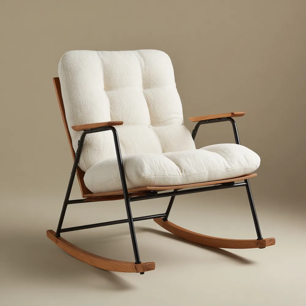 Sedia a Dondolo Imbottita 85x70x100 cm Metallo e Legno - Bianco Crema - Design Moderno