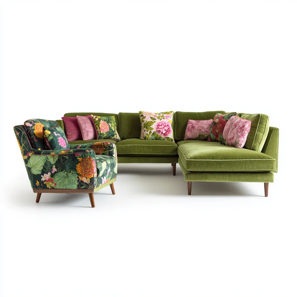 Set di divani angolari in velluto 250x150x85 cm - Design moderno floreale Verde