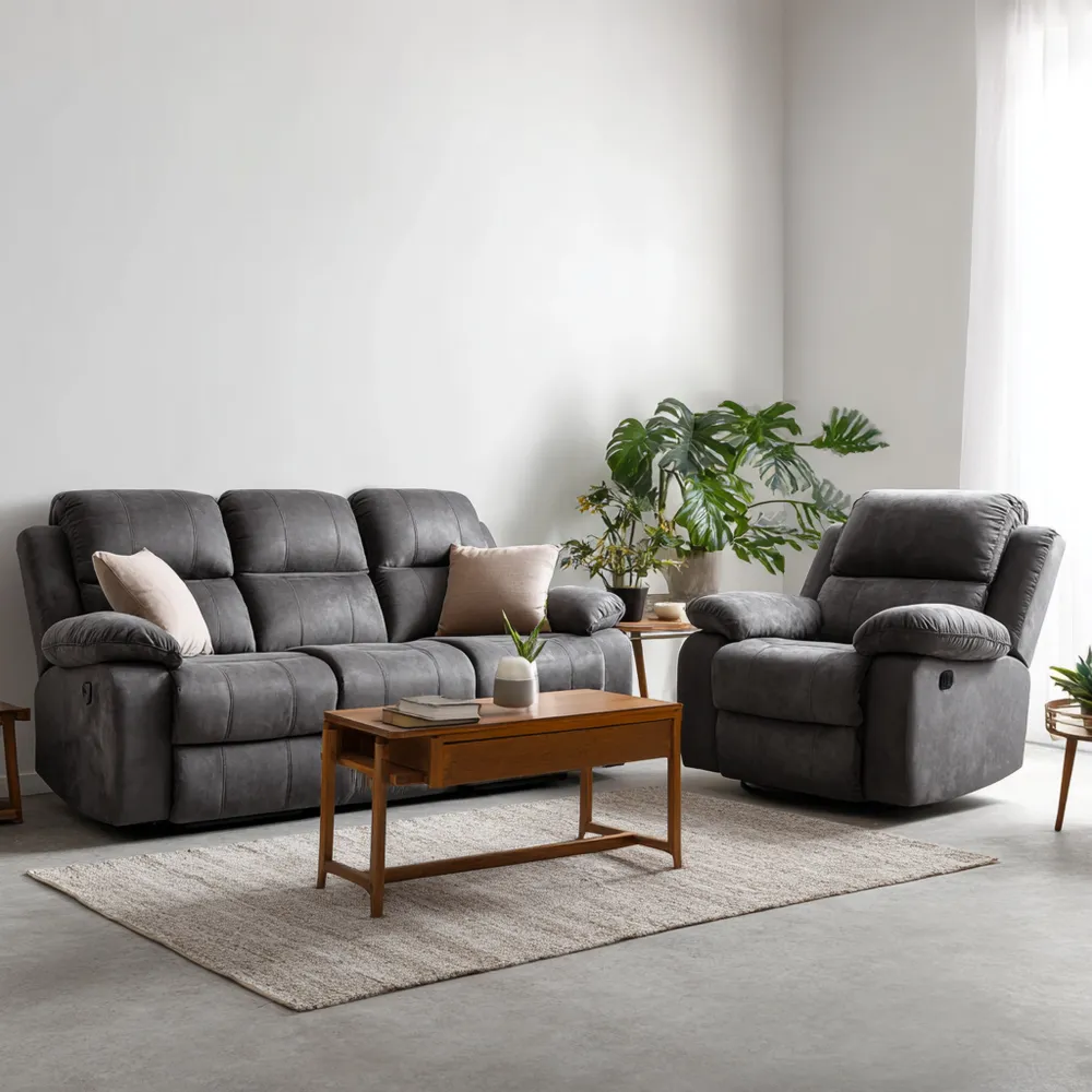 Set di divani reclinabili in microfibra 3 posti 200x90x100 cm + poltrona 100x90x100 cm - Grigio Scuro - Design contemporaneo