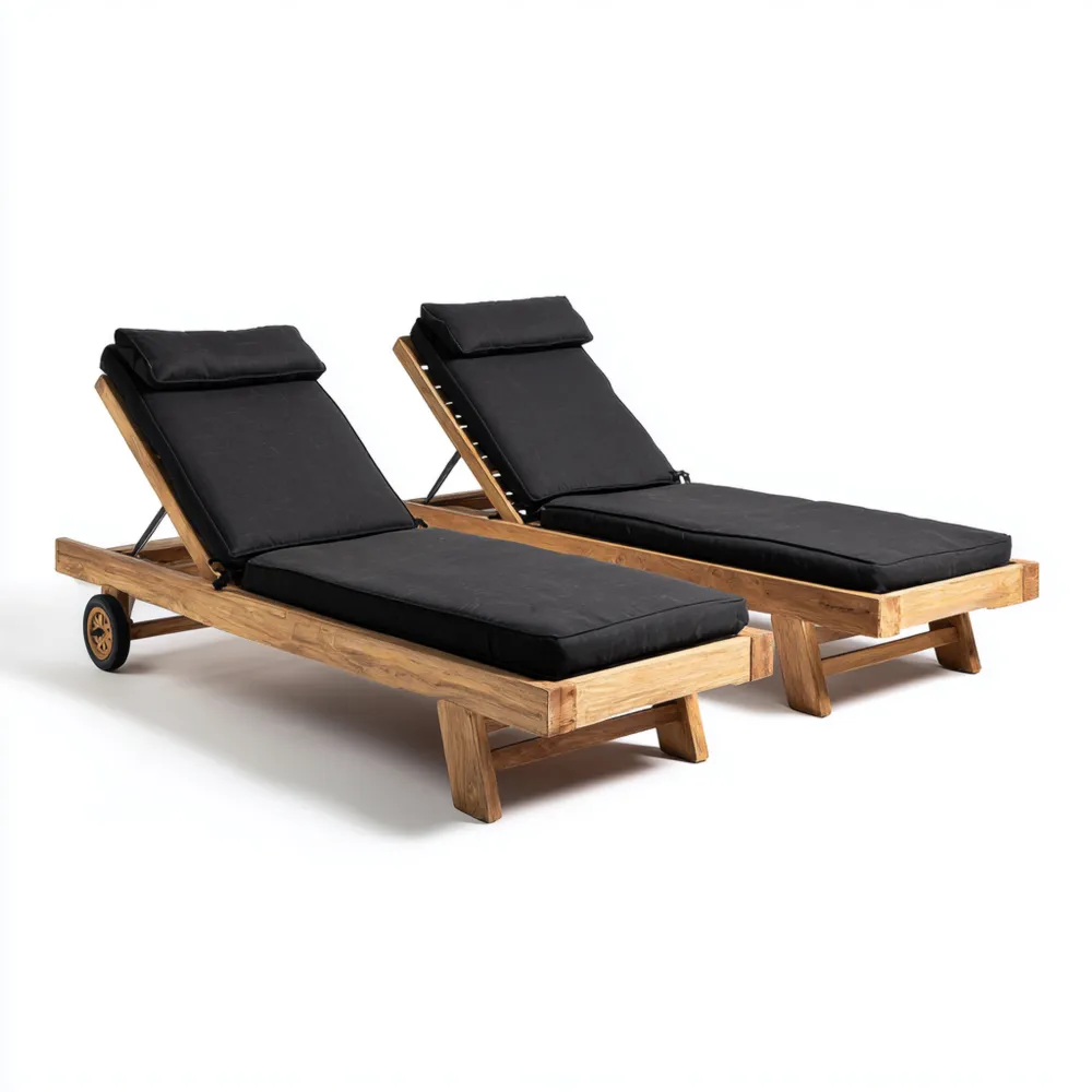 Lettino prendisole in legno di teak 200x65x35 cm con cuscino Nero – Set di 2 – Design moderno
