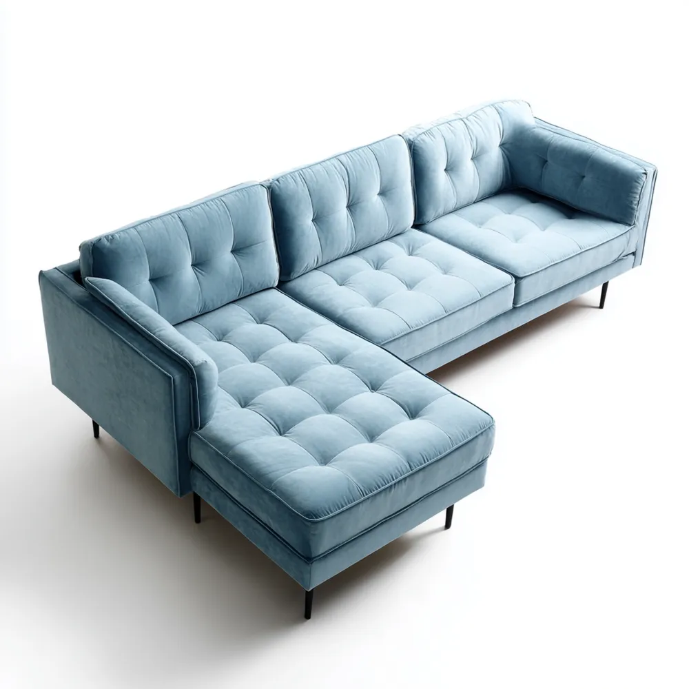 Divano angolare in velluto 280x160x85 cm – Azzurro – Design moderno