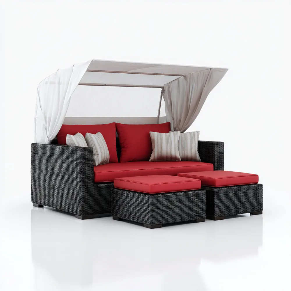 Lettino prendisole in rattan 200x180x150 cm con tettuccio - Rosso/Bianco