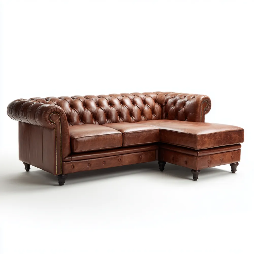 Divano angolare in pelle 250x150x85 cm - Marrone - Design classico