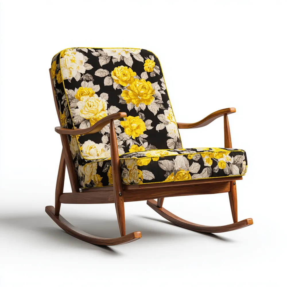 Sedia a dondolo in legno 60x75x85 cm Imbottita con Tessuto floreale Giallo/Nero – Design retrò