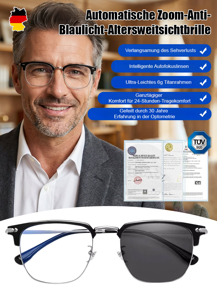 Automatisch fokussierende, blaulichtfilternde Lesebrille für Senioren