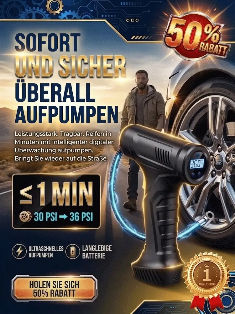 Überall und jederzeit superschnelle kabellose Luftpumpe | Schluss mit Gebühren an der Tankstelle! 1 Min. Aufpumpen, lebenslange Ersparnis