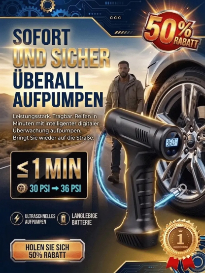 Überall und jederzeit superschnelle kabellose Luftpumpe | Schluss mit Gebühren an der Tankstelle! 1 Min. Aufpumpen, lebenslange Ersparnis