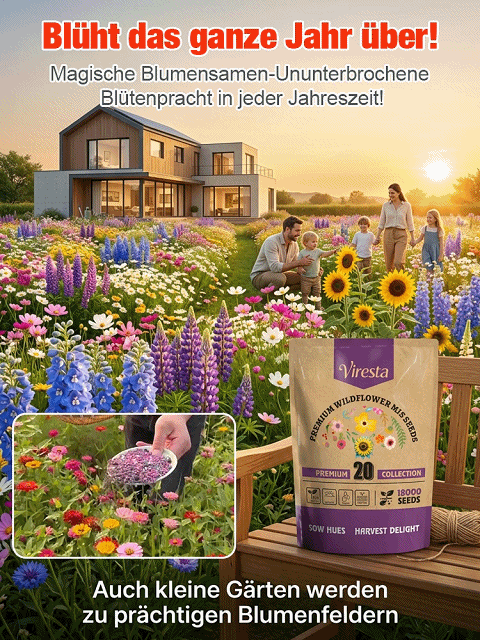 【Viresta Öko-Blumenmischung】🌺25 Tage bis zum Blütenmeer – 99% Keimgarantie für JEDEN Garten✨Einmal streuen, 300 Tage staunen: Profi-Blumenpracht ohne Aufwand.
