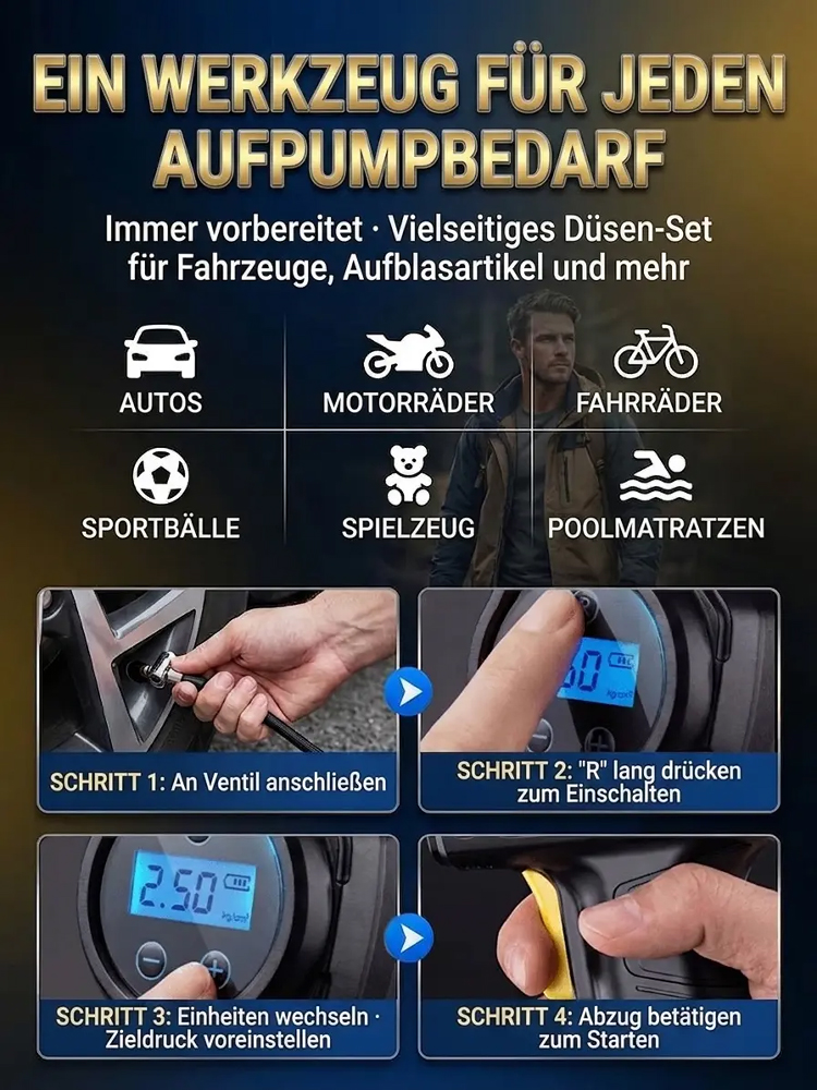 Überall und jederzeit superschnelle kabellose Luftpumpe | Schluss mit Gebühren an der Tankstelle! 1 Min. Aufpumpen, lebenslange Ersparnis