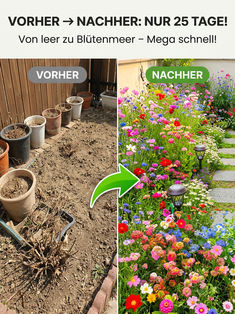 【Viresta Öko-Blumenmischung】🌺25 Tage bis zum Blütenmeer – 99% Keimgarantie für JEDEN Garten✨Einmal streuen, 300 Tage staunen: Profi-Blumenpracht ohne Aufwand.