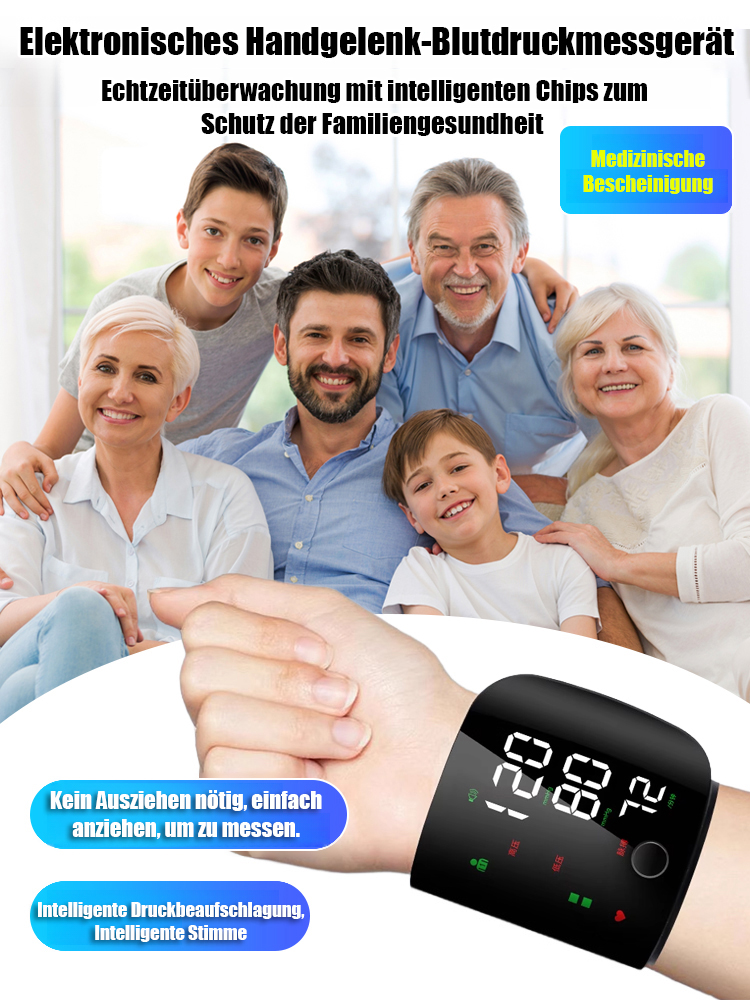 【Sprachgesteuerter Großbildschirm】❤️Vollautomatisches Handgelenk-Blutdruckmessgerät👍Blutdruck, Blutzucker & Puls – 3 Vitalwerte in 5 Sekunden | Messbereich (Druck): 0 – 280 mmHg | Messbereich (Puls): 40 – 185 Schläge/Min | Messgenauigkeit (Druck): ±3 mmH