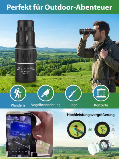【Tragbares hochauflösendes Teleskop🔭】✨Ausgestattet mit einem leistungsstarken 100-fachen optischen Zoom✅ Erfasst Landschaften und Personen in bis zu 8 Kilometern Entfernung mit gestochen scharfen Bildern💪Perfekte Leistung auch unter extremen Bedingungen
