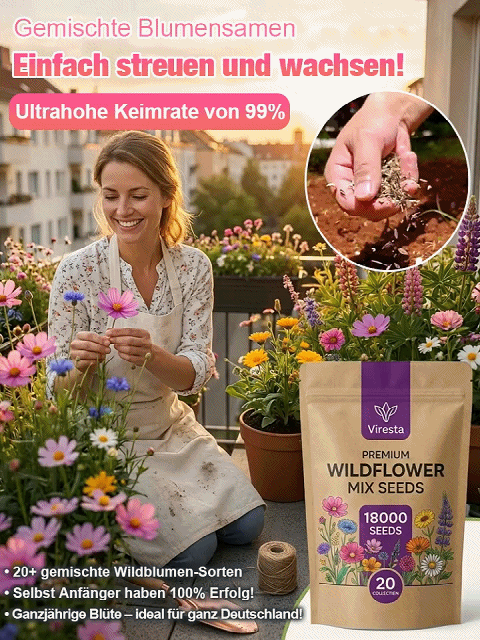 【Viresta Öko-Blumenmischung】🌺25 Tage bis zum Blütenmeer – 99% Keimgarantie für JEDEN Garten✨Einmal streuen, 300 Tage staunen: Profi-Blumenpracht ohne Aufwand.