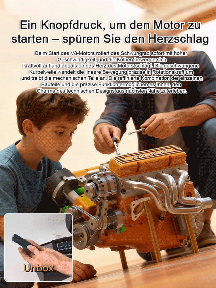 Zusammenbaubarer V8-Motor.