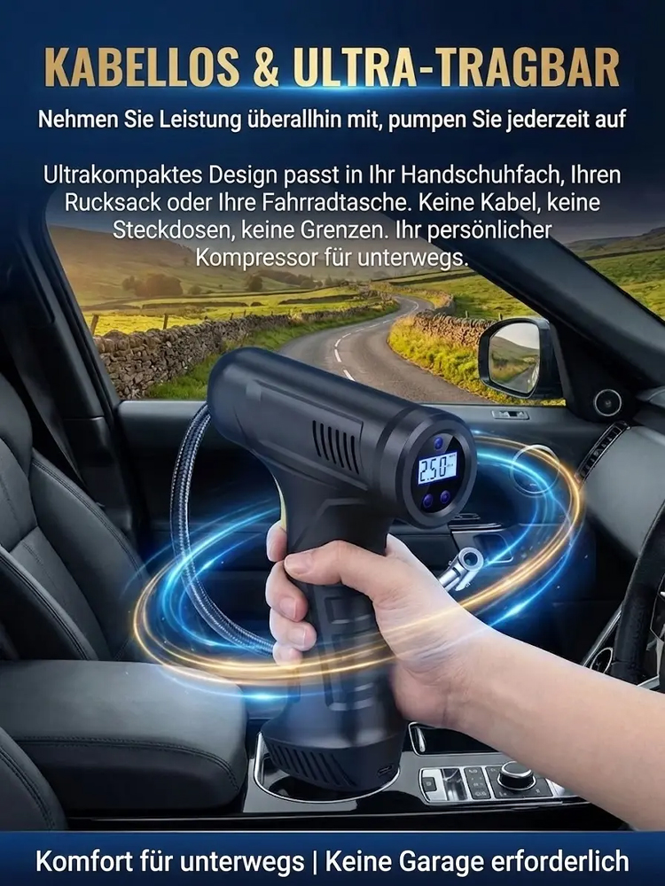 Überall und jederzeit superschnelle kabellose Luftpumpe | Schluss mit Gebühren an der Tankstelle! 1 Min. Aufpumpen, lebenslange Ersparnis