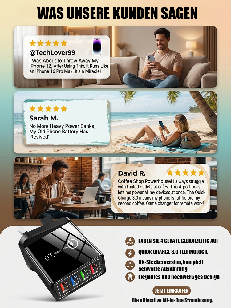 【Verbessern Sie die Akkulaufzeit Ihres Handys】⚡Vierfacher Reise-Ladegerät🚀Machen Sie Ihr 4 Jahre altes Smartphone schneller als ein neues💶 sparen Sie sich so 1200 € für einen Neukauf
