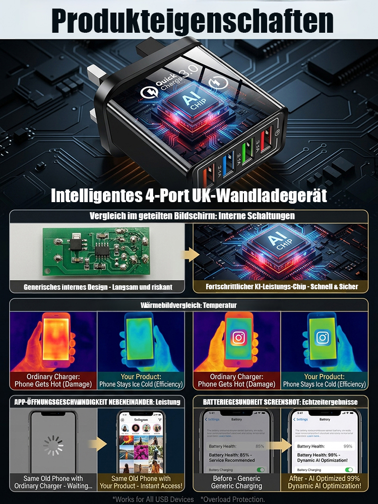 【Verbessern Sie die Akkulaufzeit Ihres Handys】⚡Vierfacher Reise-Ladegerät🚀Machen Sie Ihr 4 Jahre altes Smartphone schneller als ein neues💶 sparen Sie sich so 1200 € für einen Neukauf