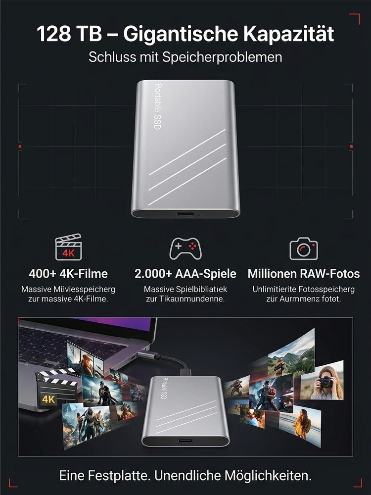 128TB Hochgeschwindigkeits-Solid-State-Laufwerk | Plug-and-Play; voll kompatibel mit Mac, PC, Tablets und Smartphones