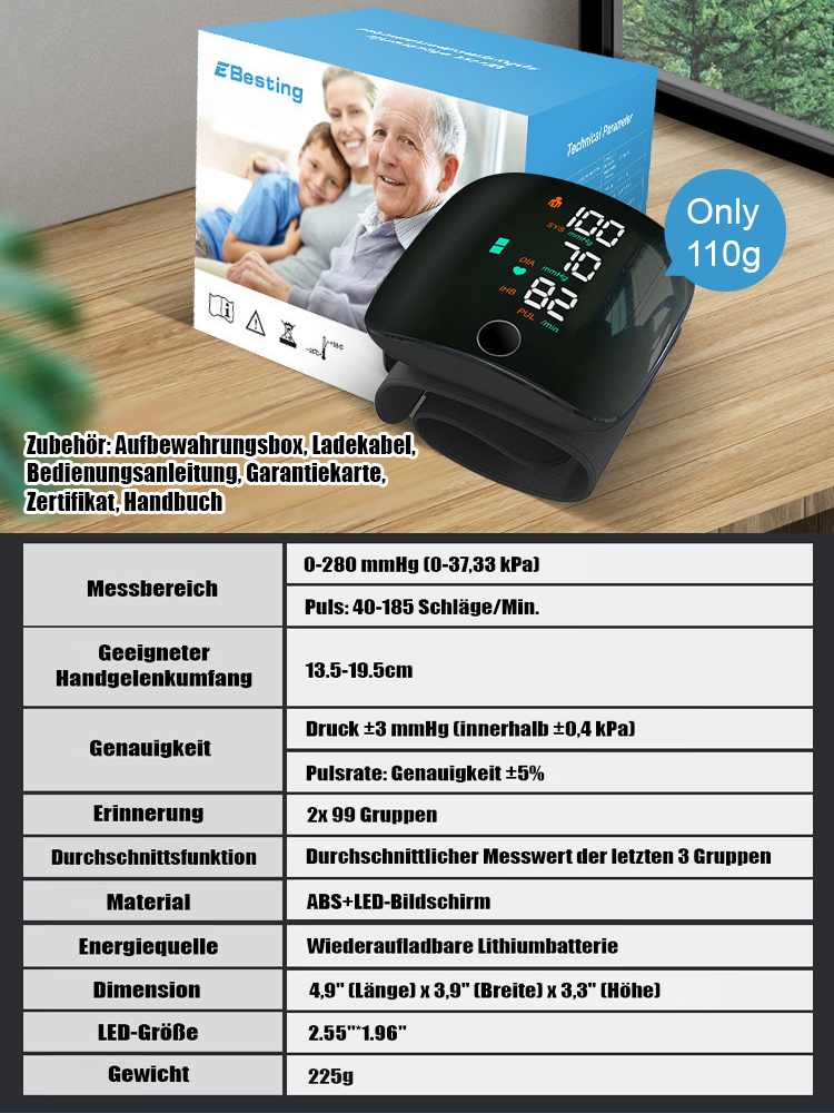 【Sprachgesteuerter Großbildschirm】❤️Vollautomatisches Handgelenk-Blutdruckmessgerät👍Blutdruck, Blutzucker & Puls – 3 Vitalwerte in 5 Sekunden | Messbereich (Druck): 0 – 280 mmHg | Messbereich (Puls): 40 – 185 Schläge/Min | Messgenauigkeit (Druck): ±3 mmH