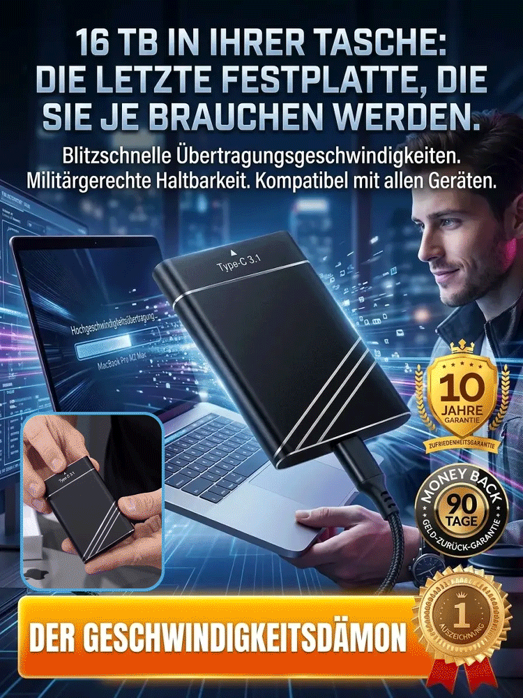 ⚡ 1000 MB/s Geschwindigkeit! Übertragen Sie drei 4K-Filme in nur einer Sekunde. Deutsche 32-TB-Pro-SSD zum Preis eines Biers! 🏆