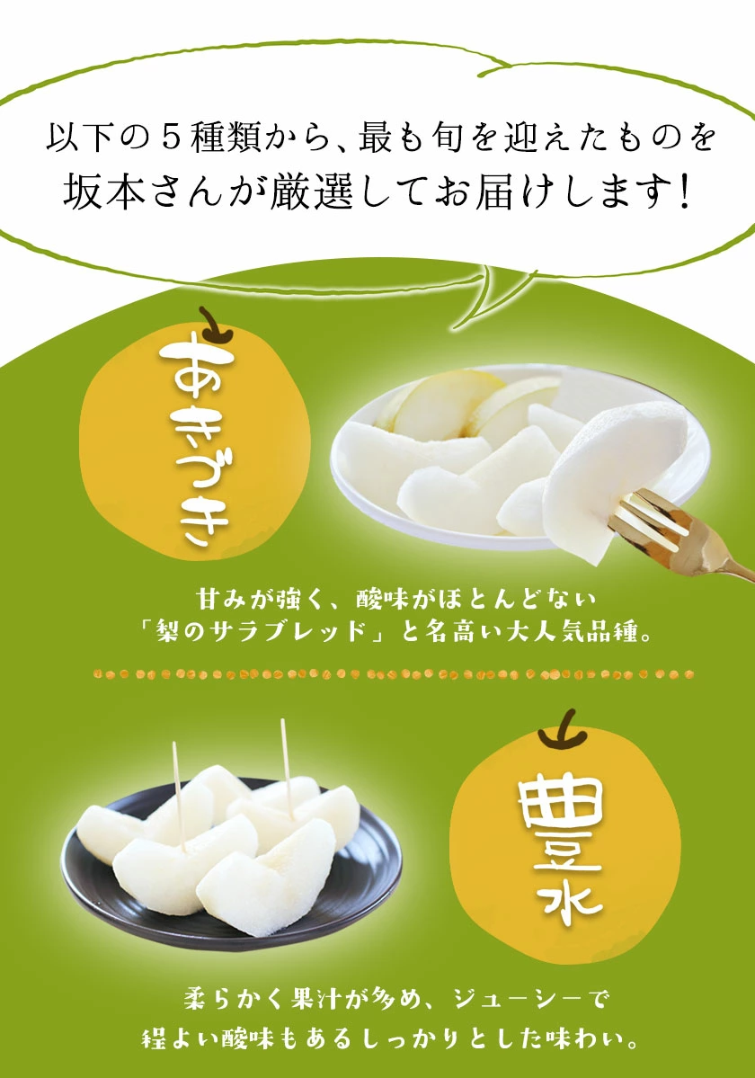 坂本果樹園の翡翠梨は旬を迎えており、約3kg（3～10個）または約5kg（6～18個）のパックで販売されています。