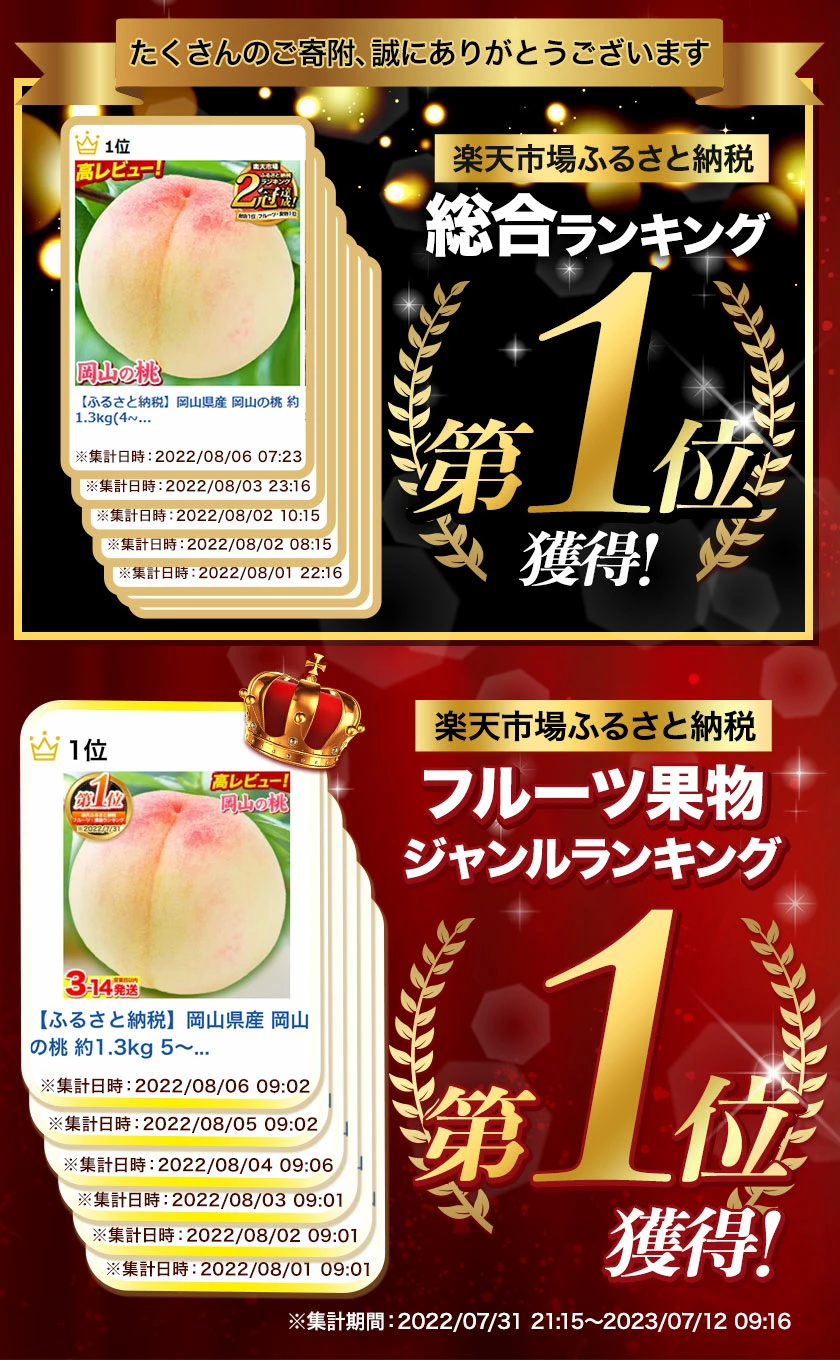 フルーツ総合ランキング2位獲得！圧倒的な高評価！岡山産の桃。約750g、1.3kg、2.6kg入りをご用意。夏秋フルーツのお届け。黄桃（750g）、白桃（750g）。楽天限定。