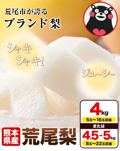 ＜ひるおびおすすめ＞荒尾梨　約4kgまたは4.5～5kg　旬の果実　産地：熊本県荒尾市　品種は小水、秋麗、芳水、秋月、新高など8品種（品種の指定はできません）